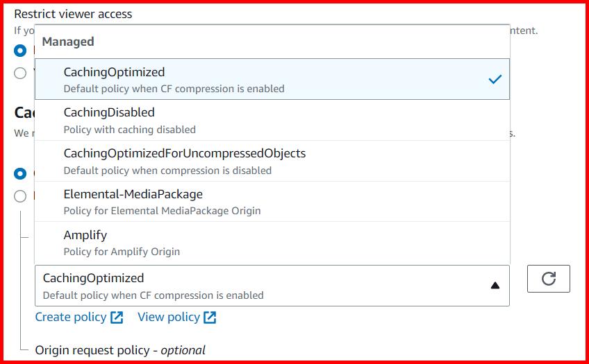 Picture showing the dropdown with the list of predefined cache policies